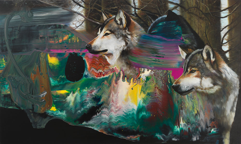 100% Vegan Wolfes 2, 2019, Öl und Mischtechnik auf Leinen | Oil and mixed media on canvas, 120 x 200 cm